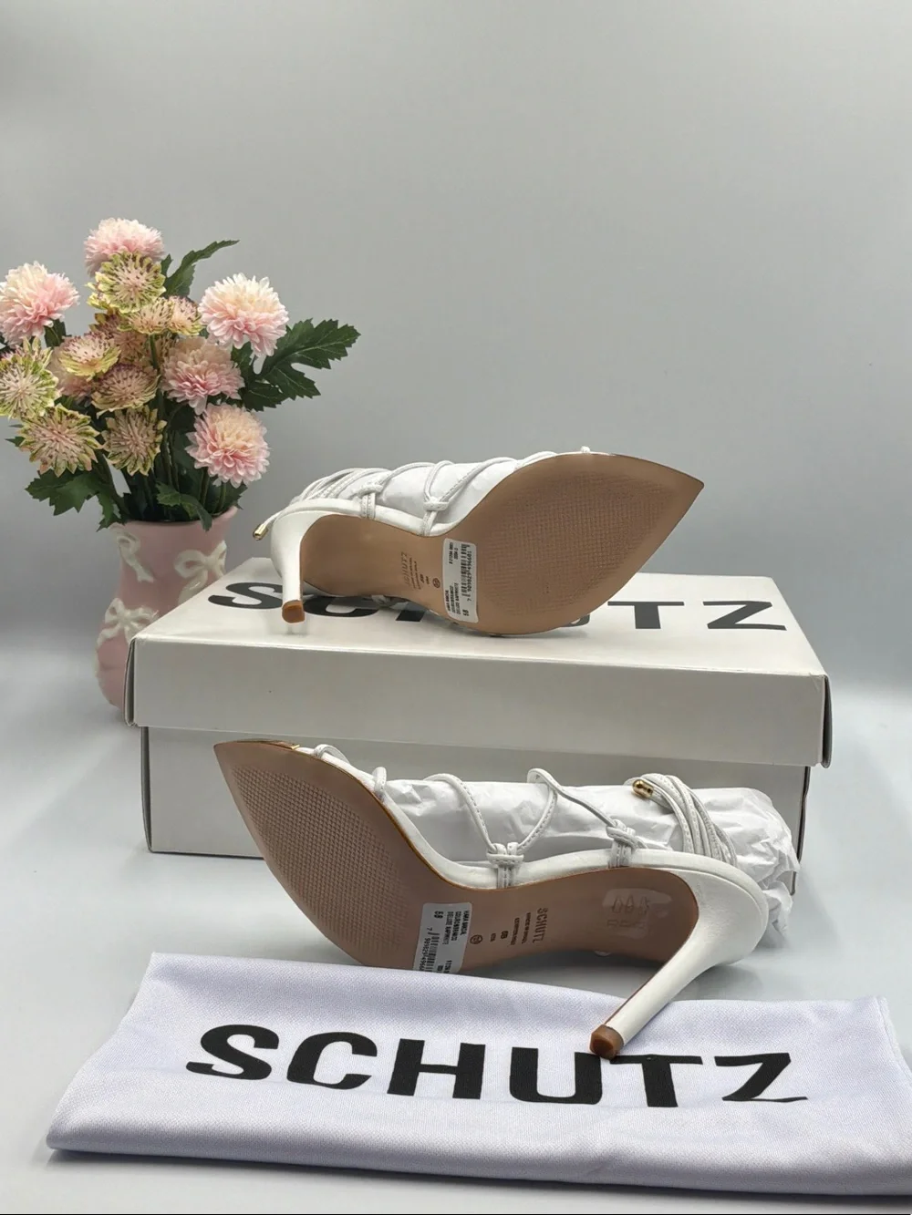 SCHUTZ White Strappy Pointed-Toe Stiletto Sandals with Gold Toe Accent